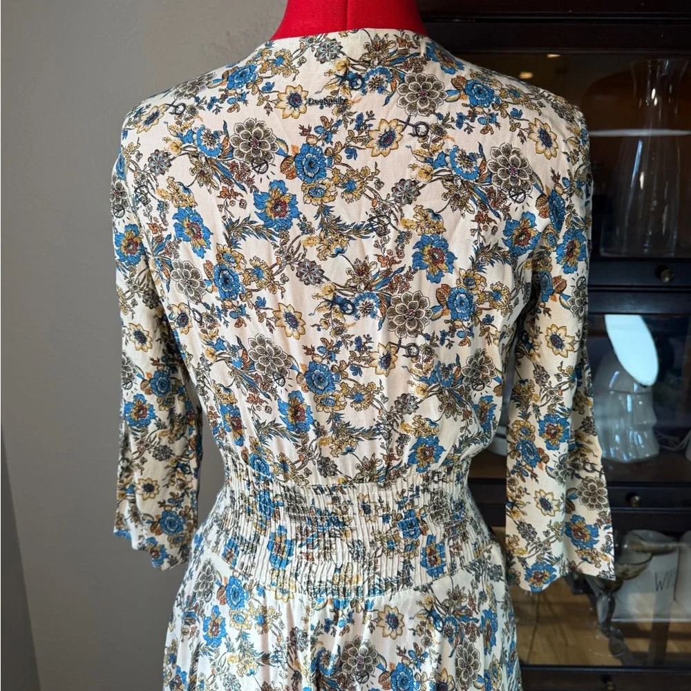 Desigual Blue and Cream Floral Smocked Waist Boho Dress Size S - Picture 7 of 11